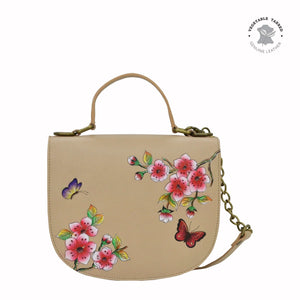 Leather Hand Painted Flap Crossbody - Flower Garden Almond (694)