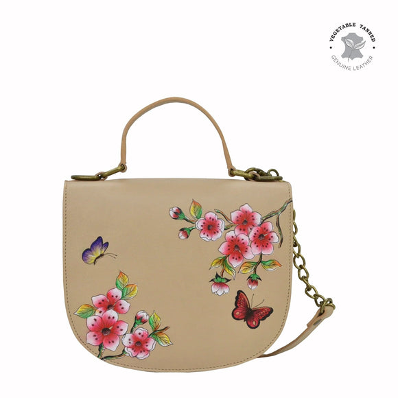Leather Hand Painted Flap Crossbody - Flower Garden Almond (694)