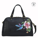 Leather Hand Painted Wide Organizer Satchel - Hummingbird Black (695)